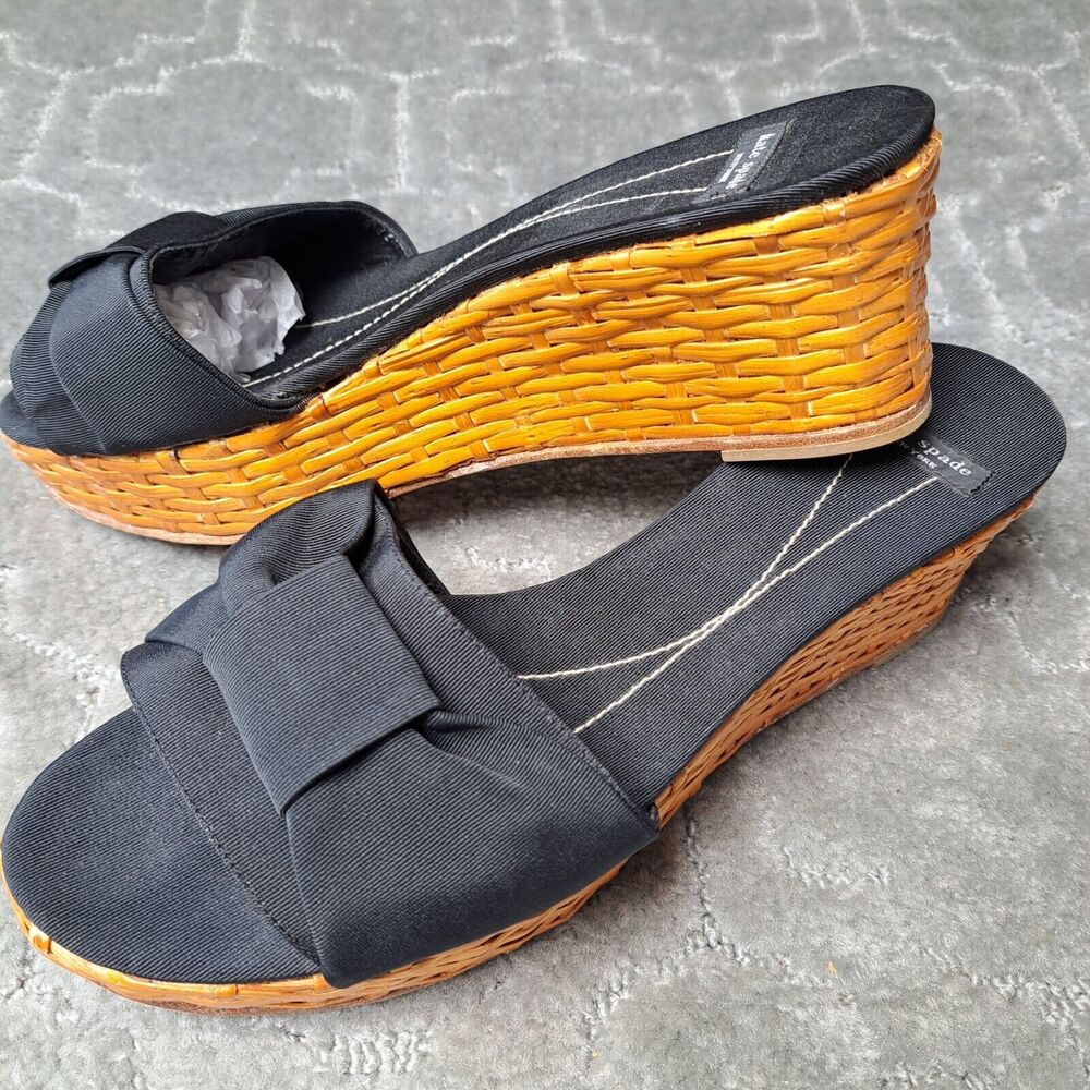 Kate Spade Platform Wedge Sandals WOMENS SIZE 10B Black Bow Basket Weave Formal - Picture 3 of 14
